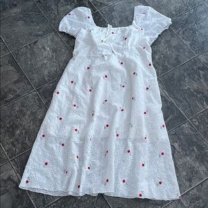 Babydoll Eyelet Coquette Milkmaid Midi Dress White w Red Floral Rose Embroidery